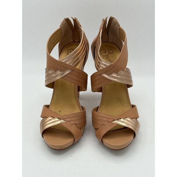 Seychelles Womens 7.5 Open Toe Strappy Heels Tan & Gold Leather & Synthetic - Picture 2 of 8